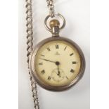 An Omega silver cased large open face keyless pocket watch on silver chain.