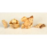 Two ivory netsukes, together with a hermit crab and a miniature gentleman.