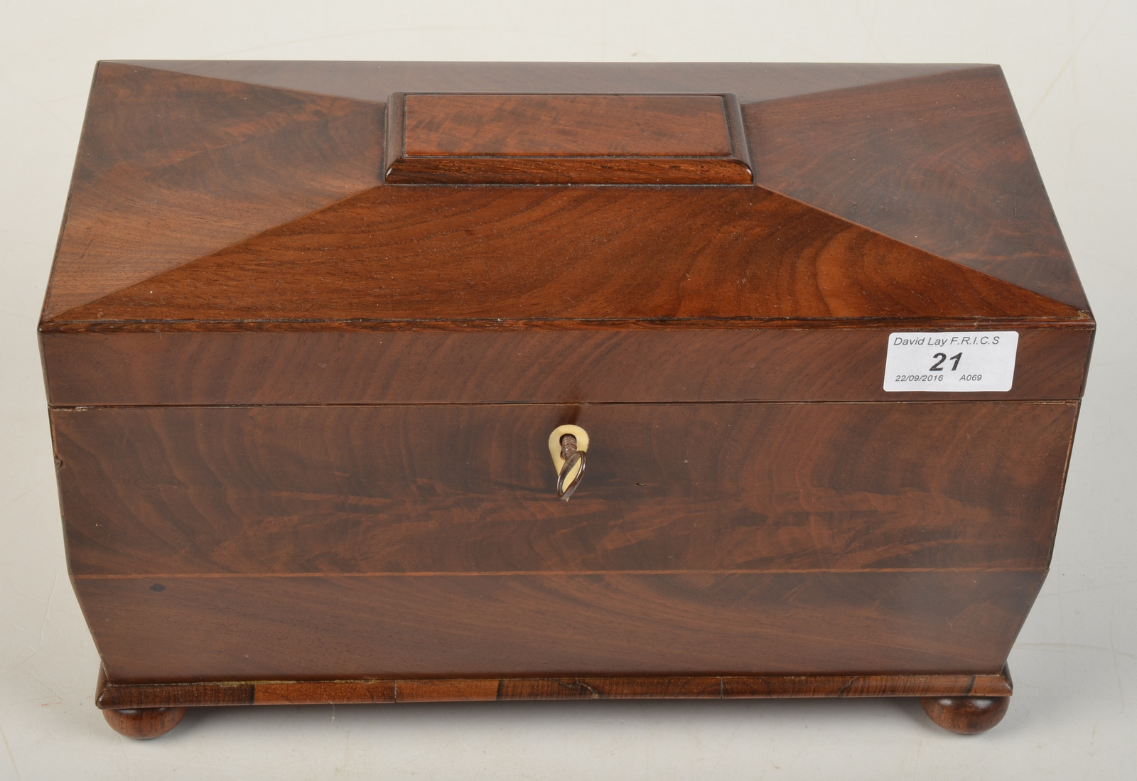 A Regency mahogany sarcophagus three section tea chest, the interior with exotic veneers.