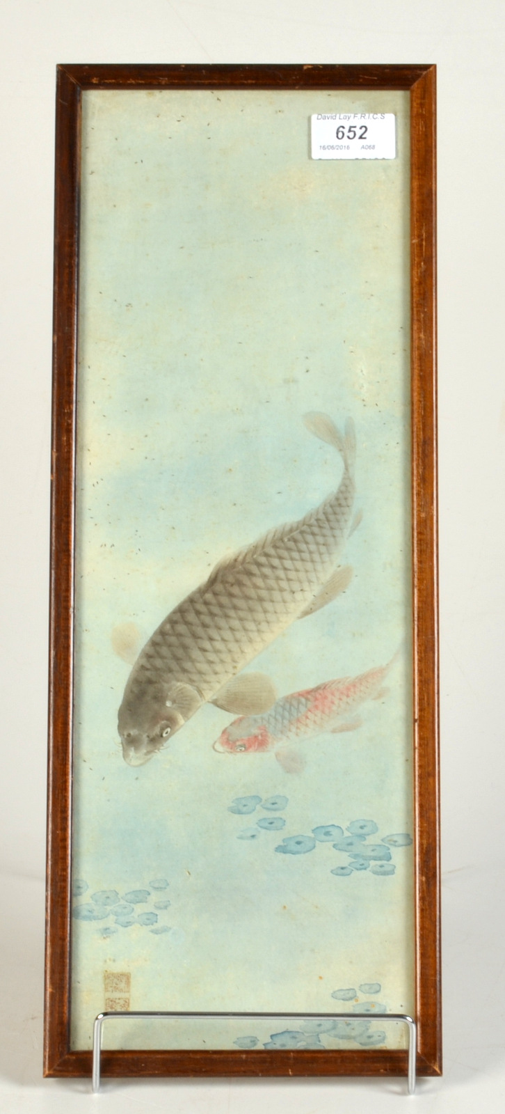 A Japanese watercolour of a large Koi carp and young, late Meiji period, raised red seal mark, 33.
