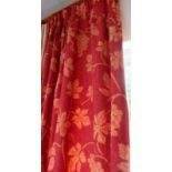 A pair of GP & J Baker burgundy and yellow gold lined curtains with swags and tie backs,