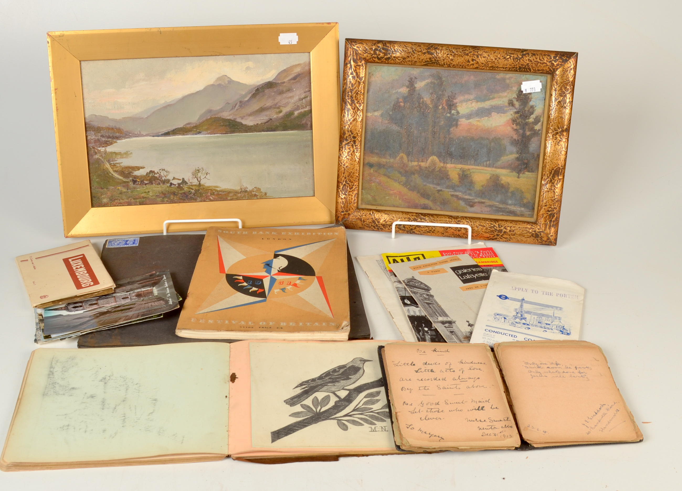 Two autograph books, one WWI, the other WWI to 1950s, a Festival of Britain 1951 guide book etc.