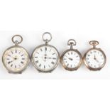 Four silver fob watches.