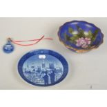 A Copenhagen Christmas Eve 1988 plate, a Copenhagen 1985 perfume bottle by Bing and Grondahl,