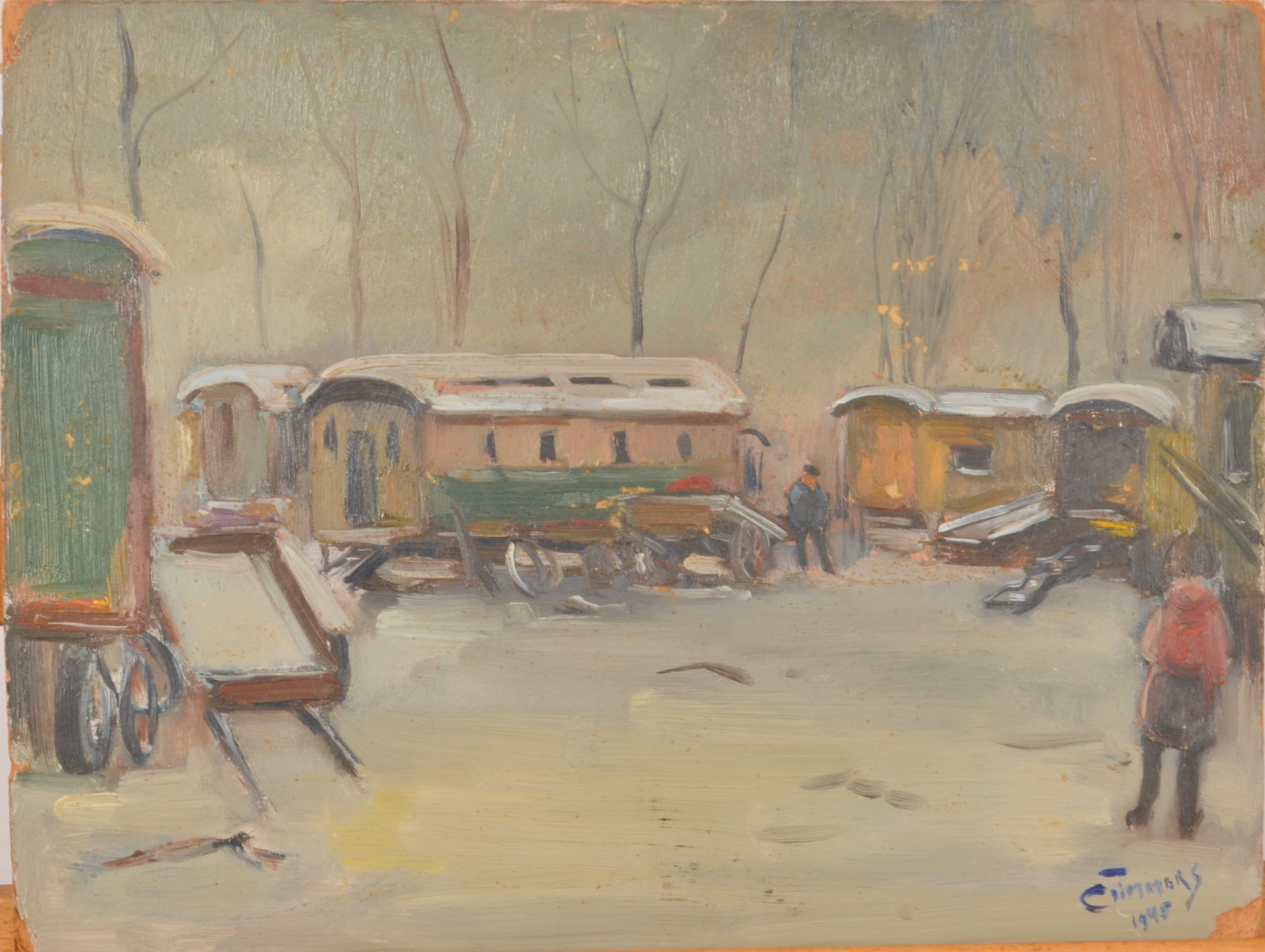 C TIMMERS Winter encampment Oil on board 34 x 45cm