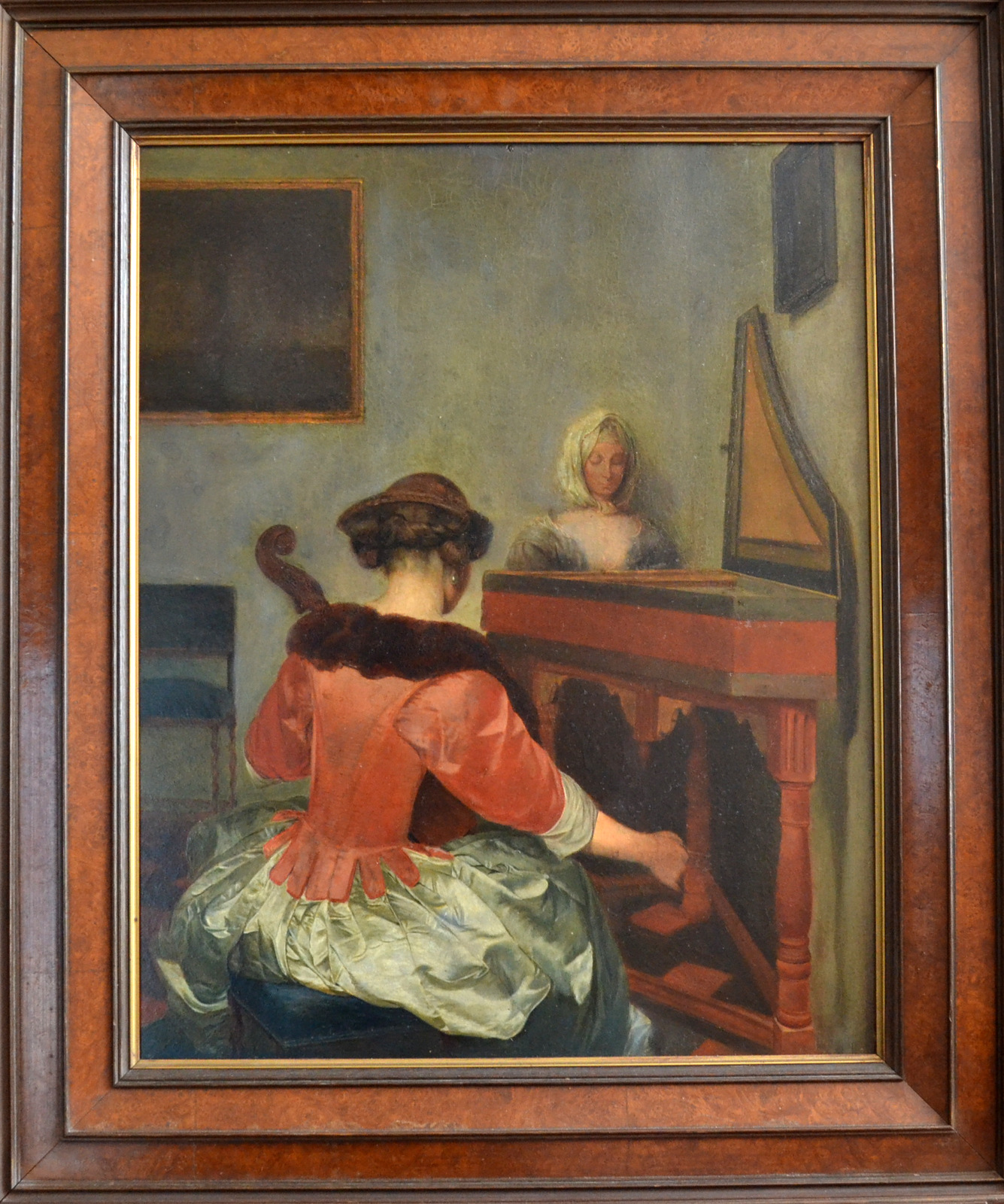 After Vermeer A spinet and strings musical duet Oil on board 57 x 46cm - Image 2 of 2