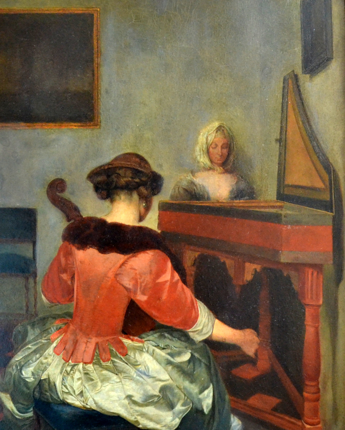 After Vermeer A spinet and strings musical duet Oil on board 57 x 46cm