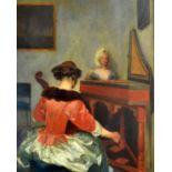 After Vermeer A spinet and strings musical duet Oil on board 57 x 46cm