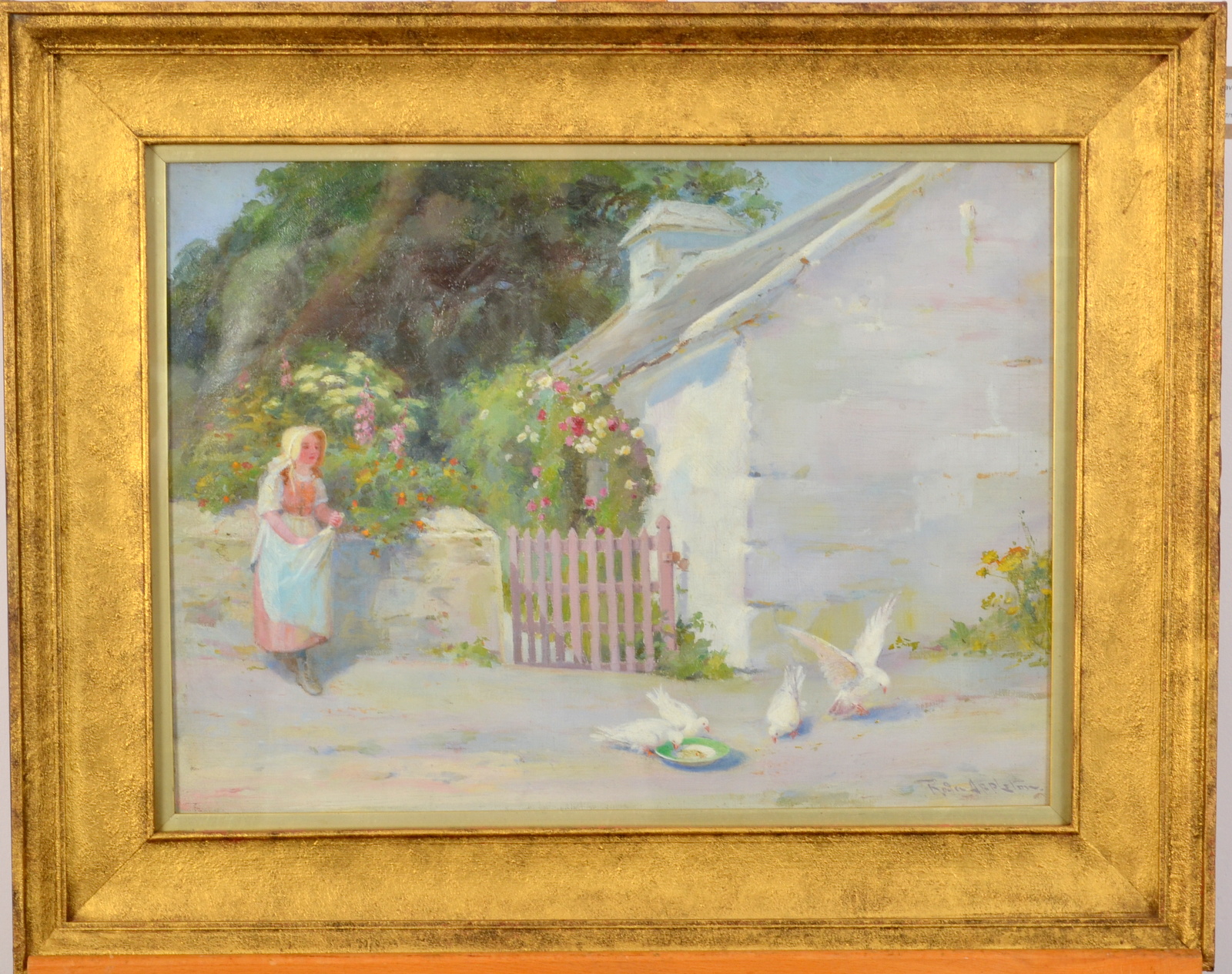 ROSA APPLETON Feeding doves Oil on canvas board Signed 32 x 43cm - Image 2 of 2