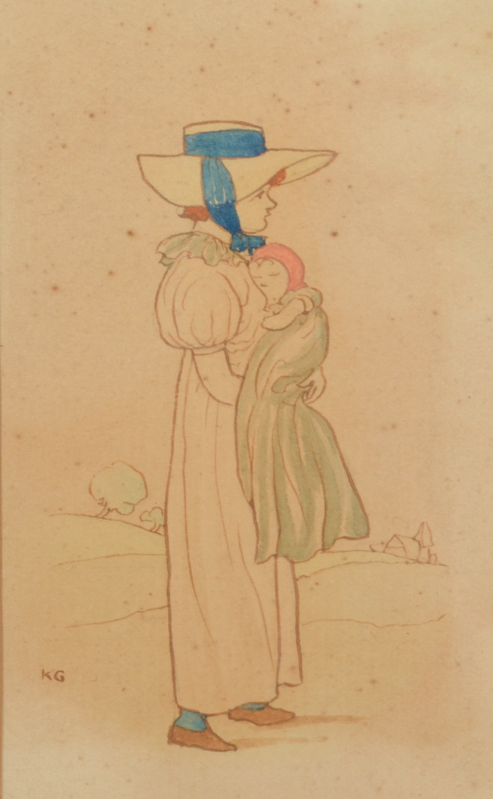 KATE GREENAWAY Mother and child Watercolour Initialled 10 x 6cm