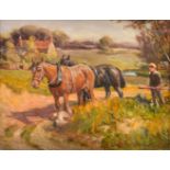 Attributed to J VALENTINE Working horses Oil on board 17.