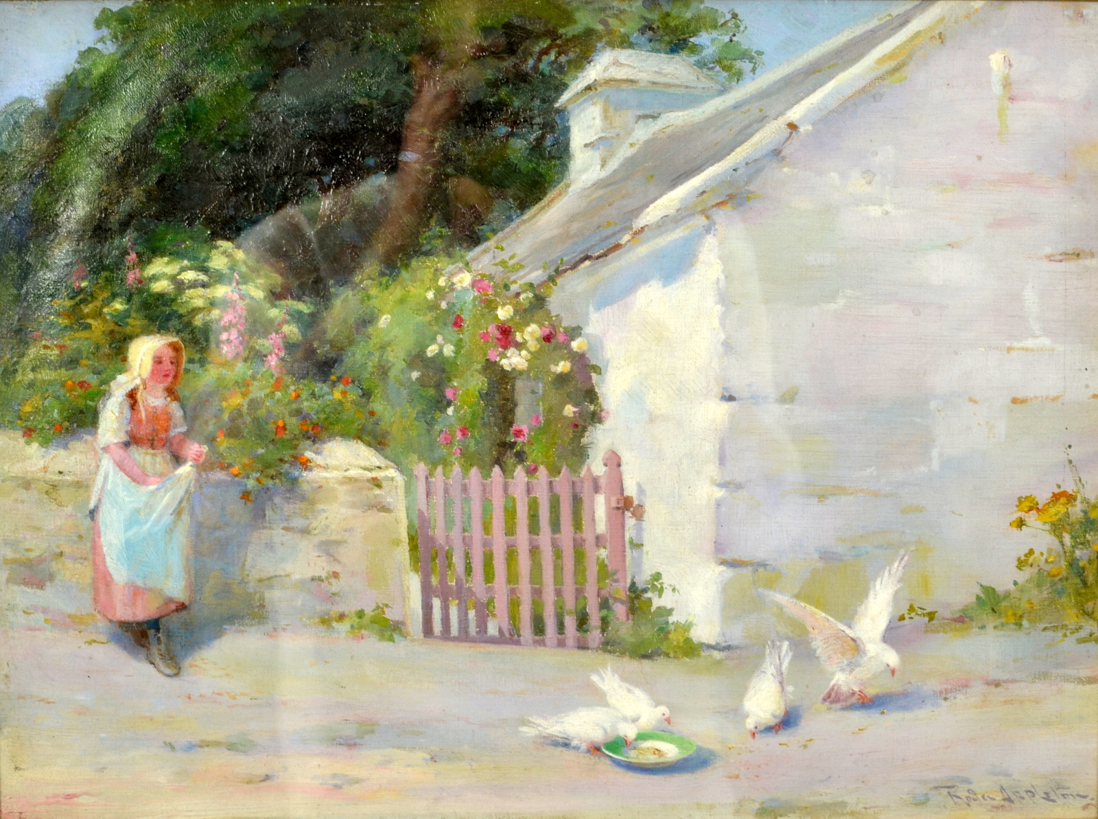 ROSA APPLETON Feeding doves Oil on canvas board Signed 32 x 43cm