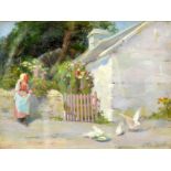 ROSA APPLETON Feeding doves Oil on canvas board Signed 32 x 43cm