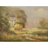 TED DYER Children by a pond Oil on canvas Signed 30 x 40cm