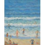 ROBERT JONES Summer Beach Oil on board Initialled Inscribed to the back 30 x 24cm