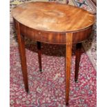 An 18th century mahogany oval work table with hinged lid, the whole with inlaid lines,