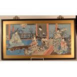 A Japanese woodblock print, an interior scene of five geisha girls in conversation,
