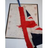 A Union flag with flagpole, together with a framed print, Royalty of England.
