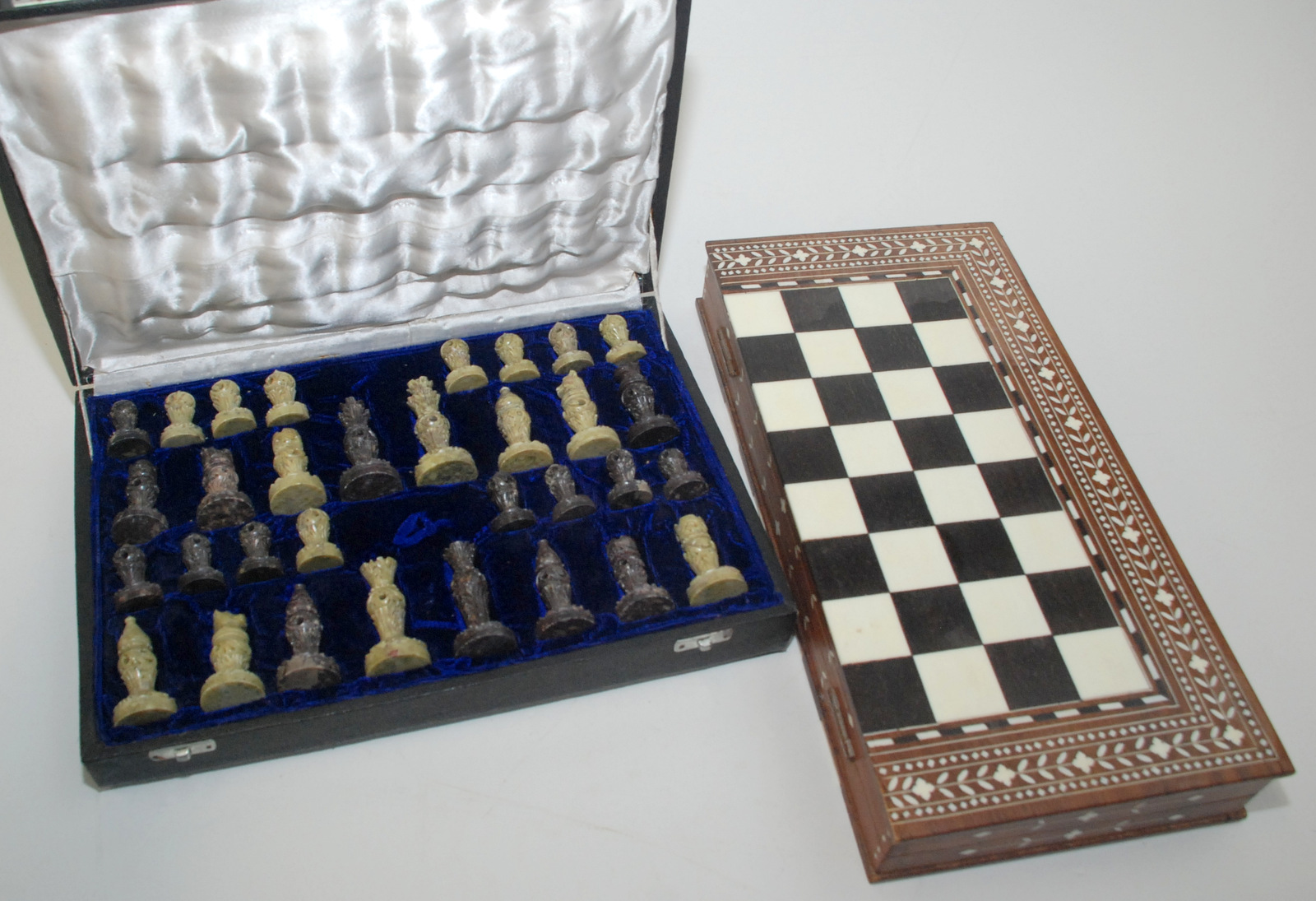 An Indian inlaid hardwood chess board/box and a soapstone chess set. - Image 2 of 2