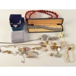 Costume jewellery, silver filigree jewellery etc, including a "cherry amber" necklace.