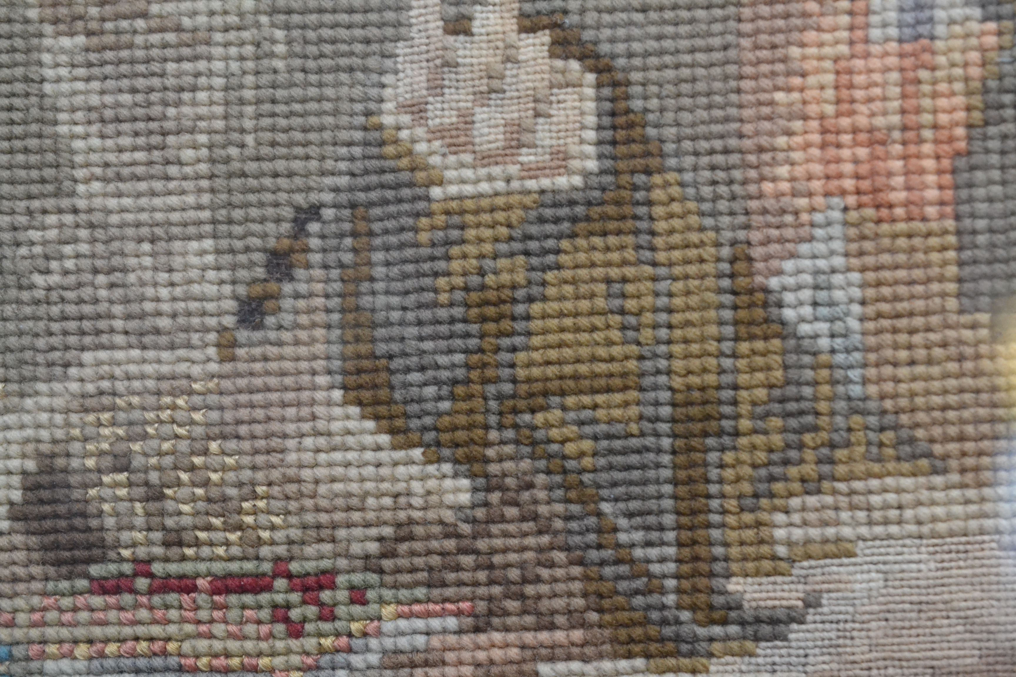 A Victorian wool and beadwork panel of an old lady watching a young girl and her dog, 62 x 51cm, - Image 3 of 4