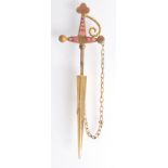 A gold sword and scabbard pin, set with pearls and rubies, 7.3cm.