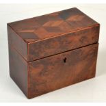 A Tunbridge ware yew wood veneered box with a perspective cube lid,