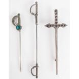 A double ended silver sword jabot pin,