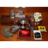 Miscellaneous, including a rosewood glove box, Rover car badges, a hip flask etc.