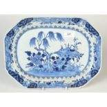 A Chinese blue and white porcelain octagonal plate decorated with a garden scene,