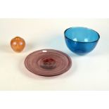 An Orrefors "Fuga" bowl and two other pieces of art glass including an iridescent vase signed