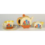 A Clarice Cliff Bonjour shape crocus pattern teapot,