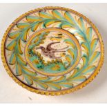 A Spanish Talavera bird painted plate,