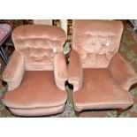 Two Victorian armchairs on turned legs, each upholstered in buttoned beige draylon.
