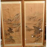 A set of four Chinese framed and glazed mountain landscape and river scene paintings,