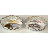 Two enamelled miniature baskets in South Staffordshire style, one shows playing cards, the other,