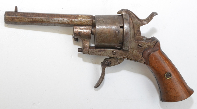 A continental 19th century small, pin fire, six shot pistol with a folding trigger.