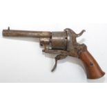 A continental 19th century small, pin fire, six shot pistol with a folding trigger.
