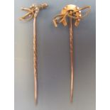 Two Victorian gold riding crop and horseshoe pins, one set with pearls.