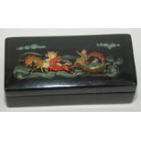 A USSR papier mache rectangular lacquer box, the lid decorated with a winter troika,