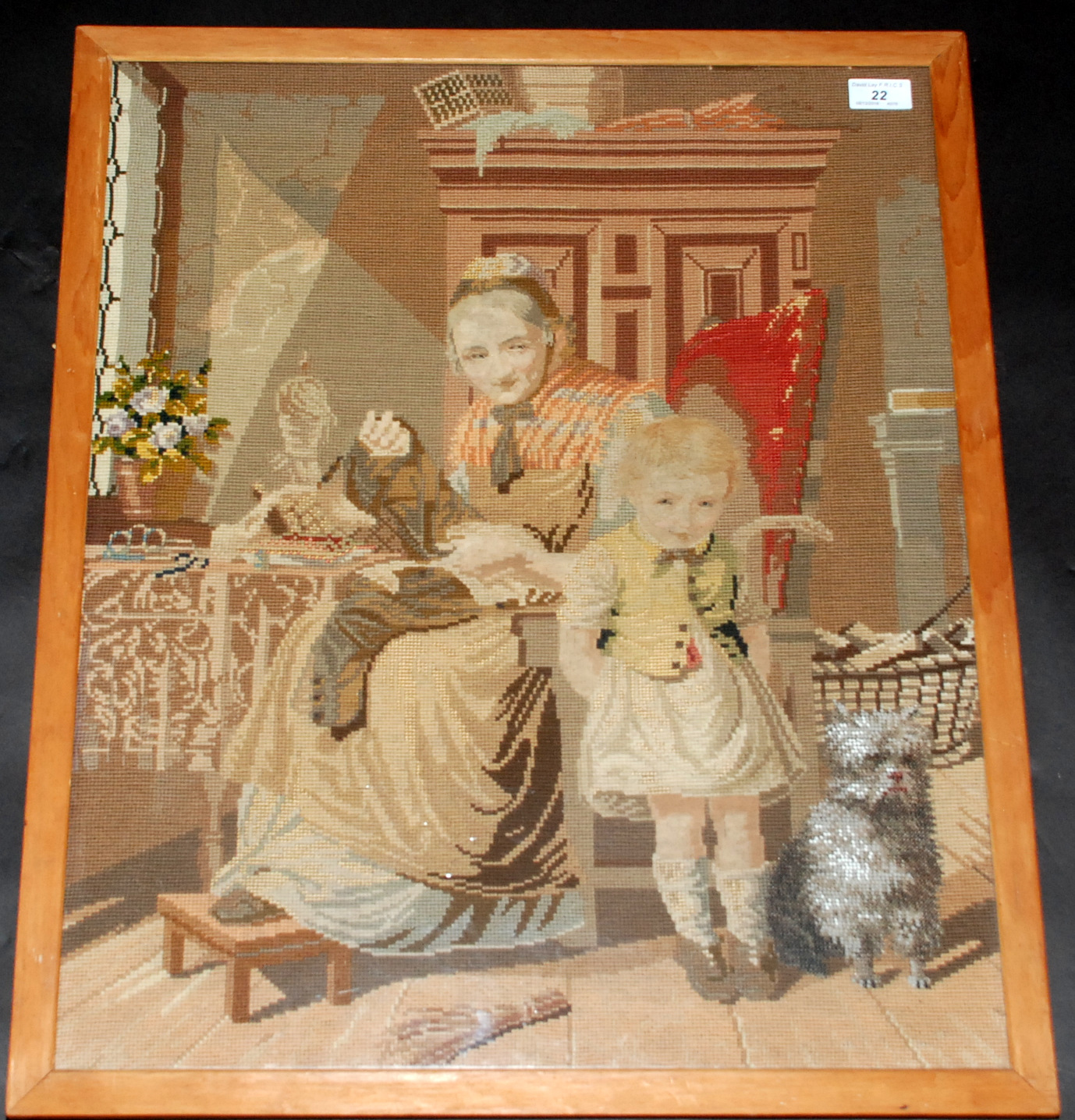 A Victorian wool and beadwork panel of an old lady watching a young girl and her dog, 62 x 51cm,