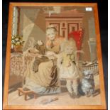 A Victorian wool and beadwork panel of an old lady watching a young girl and her dog, 62 x 51cm,