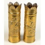 A pair of brass shell case vases with acorn branches, one inscribed Somme, the other Oise,