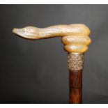An late Victorian or Edwardian walking stick, the handle a coiled snake with glass eyes, length 93.