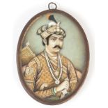 A 19th century Indian painted miniature of Emperor Jahangir, length 9.1cm, width 6.6cm.