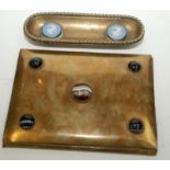 A mid 19th century blotter, the brass cover mounted with five banded agate cabouchons,