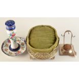 A silver pin and ring stand, Chester 1920, together with a pin cushion and a ceramic hat pin stand.
