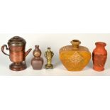 Two oriental vases, a leather vase and a French copper coffee pot.