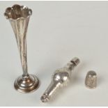 A Joseph Taylor silver engraved rattle, together with a thimble and a spill.