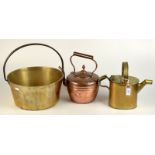 A domestic brass water can, a brass preserve pan and a copper kettle.
